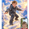 Personlig tordensky plakat: barn i skifergrå stormjakke surfer på en blød tordensky med gyldne lynglimt og ansigtet fremad