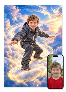 Personlig tordensky plakat: barn i skifergrå stormjakke surfer på en blød tordensky med gyldne lynglimt og ansigtet fremad